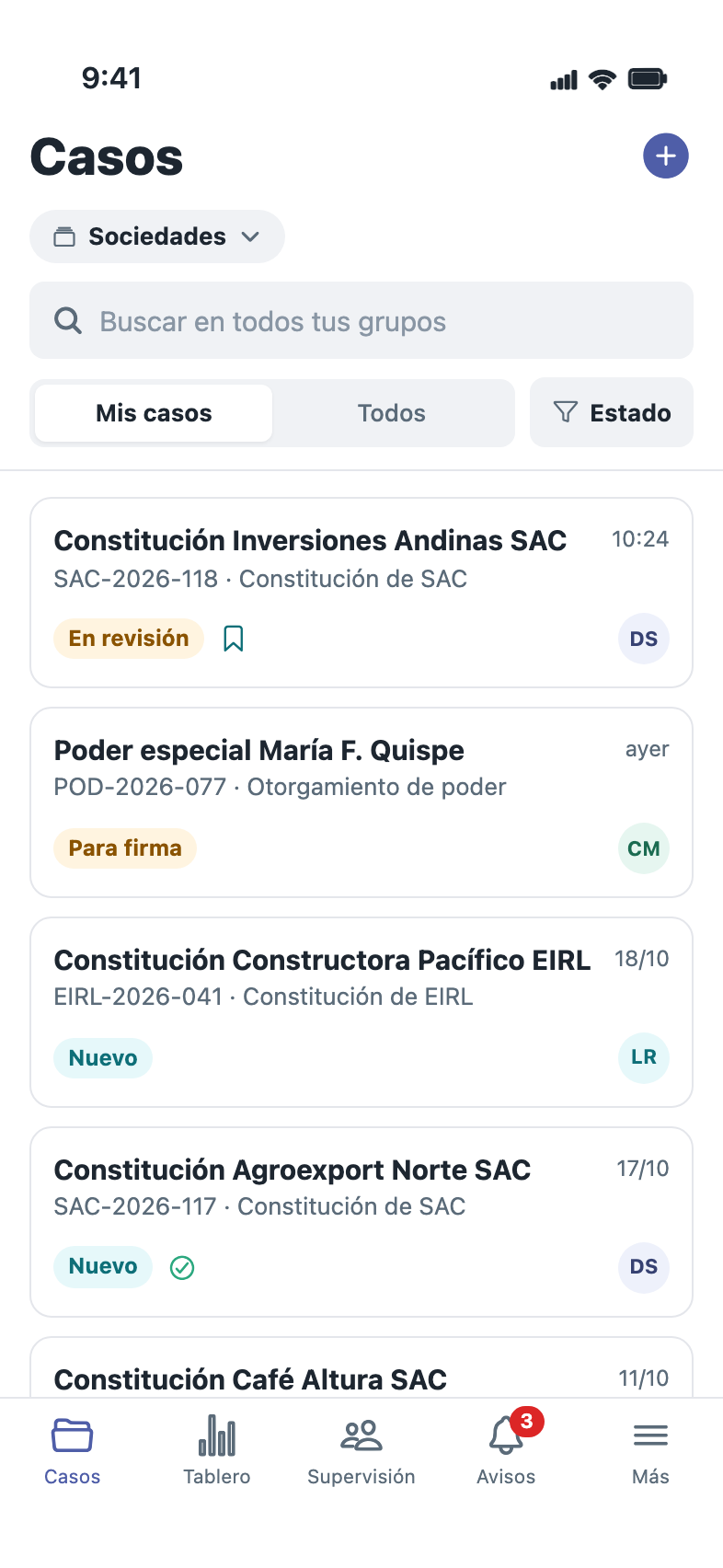 La app de DeskOnTime mostrando la bandeja de casos